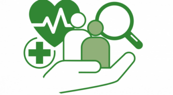 graphic to represent "stay well", showing a hand holding two people figures