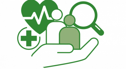 graphic to represent "stay well", showing a hand holding two people figures