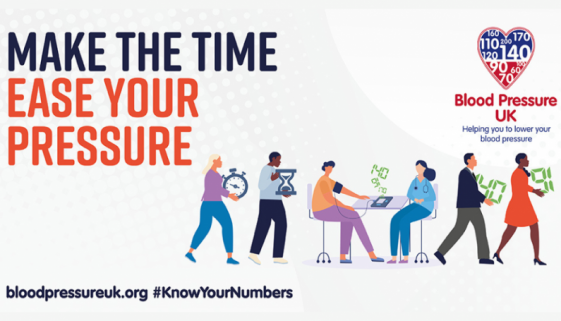 An graphic of cartoon people getting a blood pressure check. Accompanying text: Make the time, ease your pressure. Bloodpressureuk.org #KnowYourNumbers.