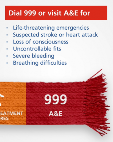Image says 'Dial 999 or visit A&E for life-threatening emergencies, suspected stroke or heart attack, loss of consciousness, uncontrollable fits, severe bleeding, breathing difficulties'