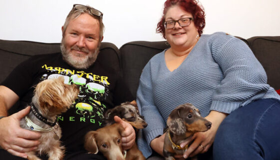A man and woman sit together on a settee, both smiling and holding pet dogs