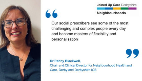 a woman smiling and a quote to say: "Our social prescribers see some of the most challenging and complex people every day and become masters of flexibility and personalisation."