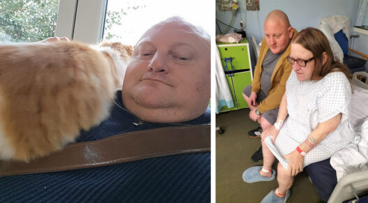 a very fat man with a cat, then a man sitting on a bed next to an older woman in a hospital gown
