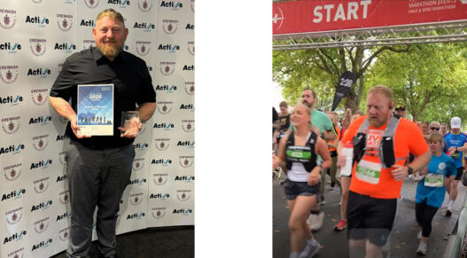 a man holding an award certificate, then a man taking part in a running event